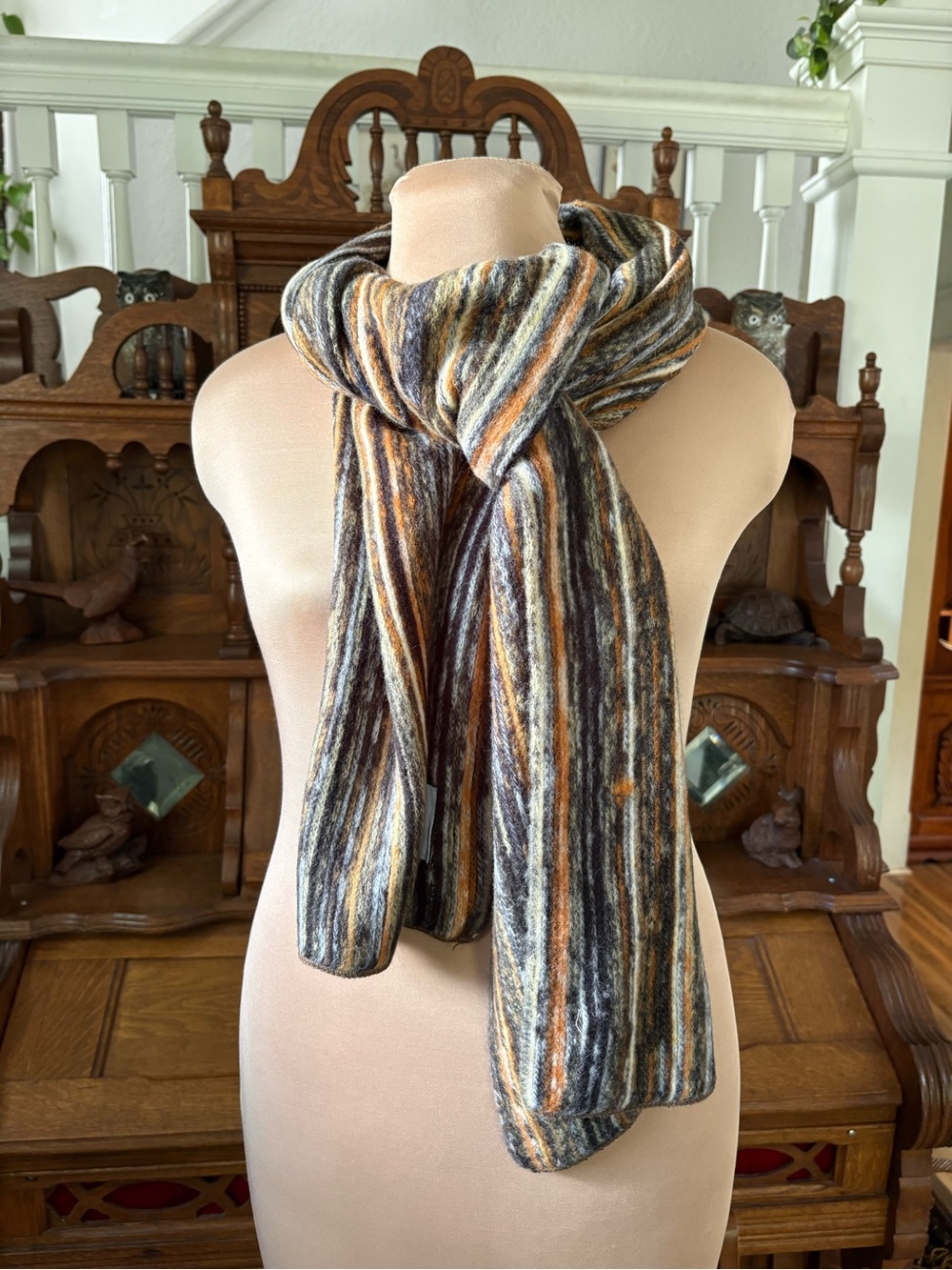 La Fiorentina Multicolor Striped Wool-Blend Scarf in Gray, Brown, Orange, Cream